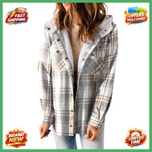 Fleece Lined Plaid Hooded Shacket Jacket Long Sleeve Button Down